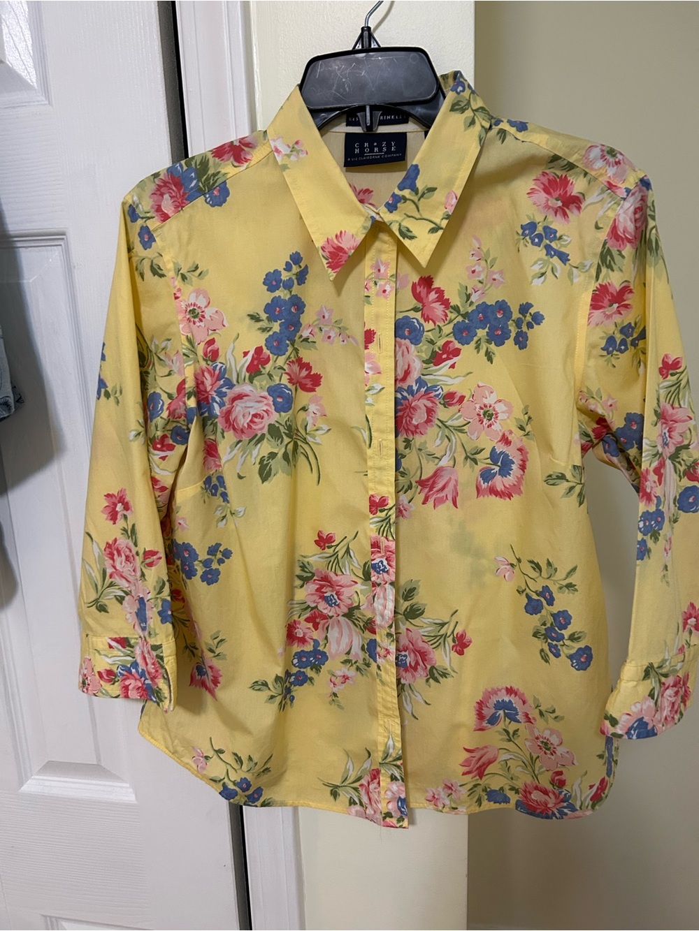 Liz Claiborne Yellow Floral Button-Front Blouse with Pink & Blue Flowers
